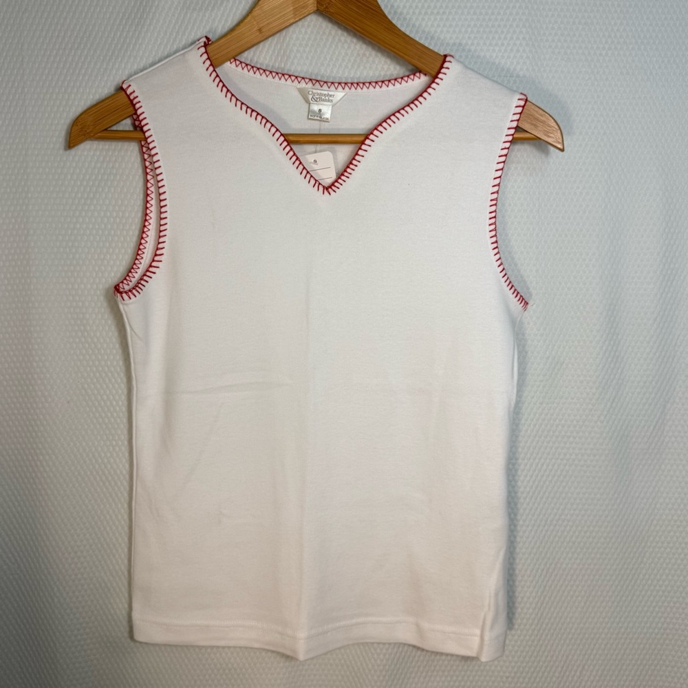 Christopher & Banks White Sleeveless V-Neck Tank with Red Stitch Trim